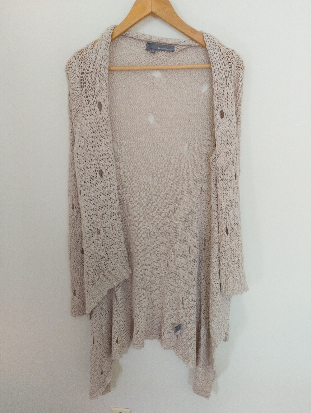 360 Sweater 100% Cotton Open Knit Beige Duster Cardigan Size Medium